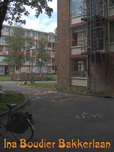 716552 Fotopaneeltje, met een afbeelding van oranjeversieringen op het studentencomplex Ina Boudier-Bakkerlaan (IBB) te ...